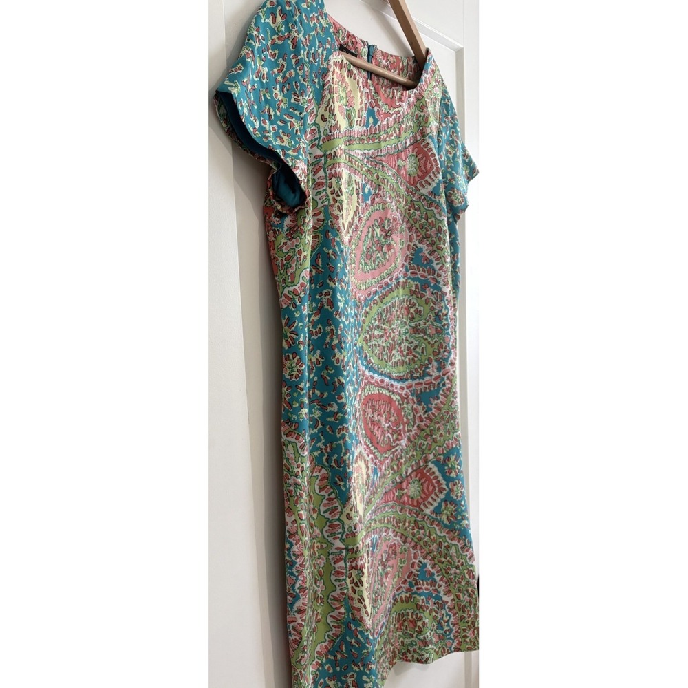 Talbots Size 10 Seaside Paisley Silk Mod Shift Dress Turquoise Coral Green Lined